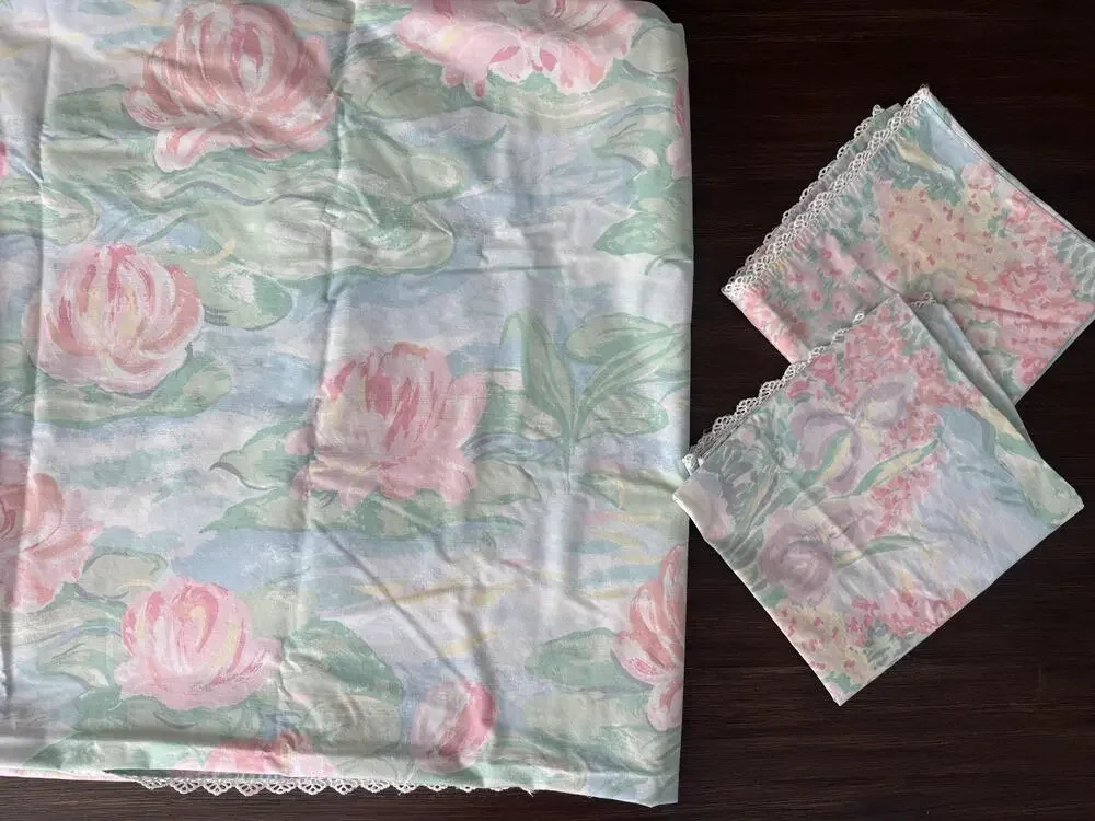 King Sheet Set Claude Monet Floral Waterlily Pastel Lace USA Atelier Martex VTG